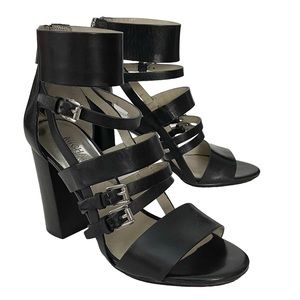 MICHAEL KORS WINSTON BLACK LEATHER STACKED HEEL SANDAL SIZE 7